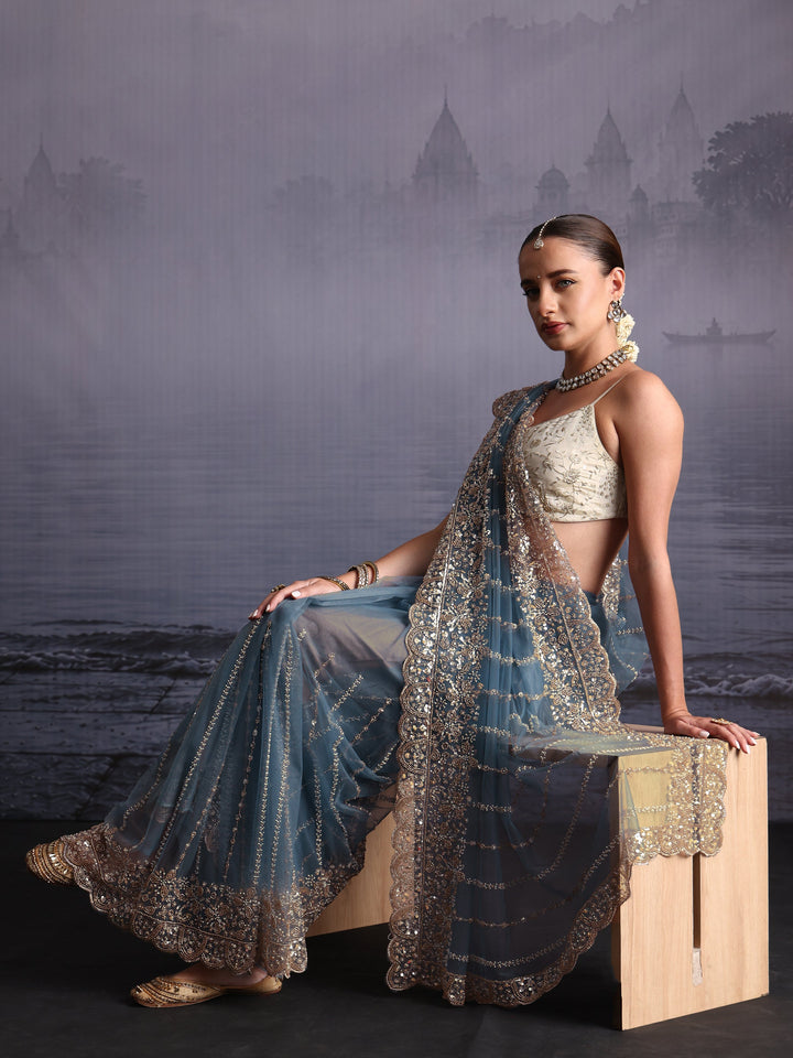 Libas Art Blue Embellished Net Saree with Scalloped Border