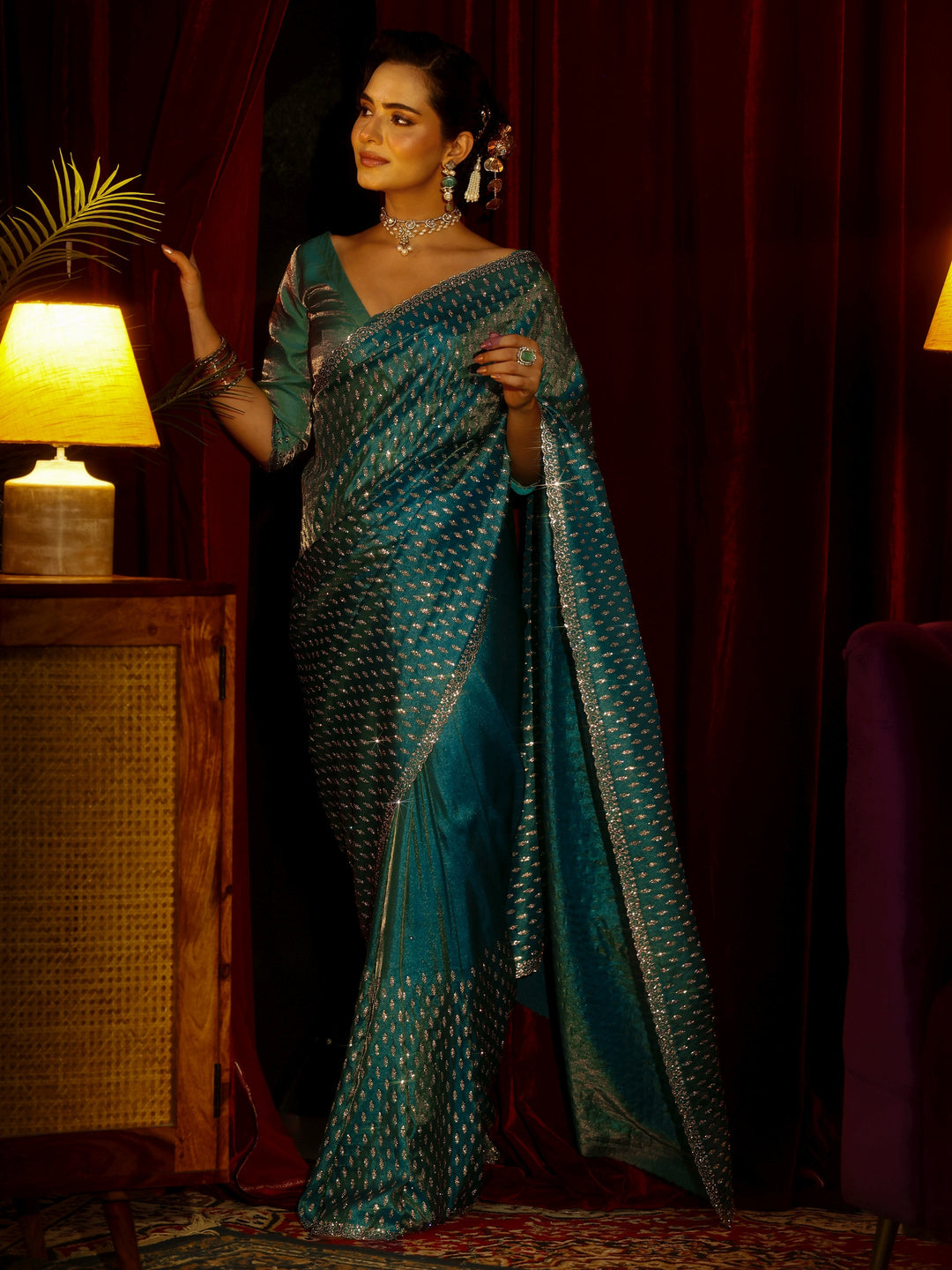 Libas Art Blue Embellished Tissue Saree