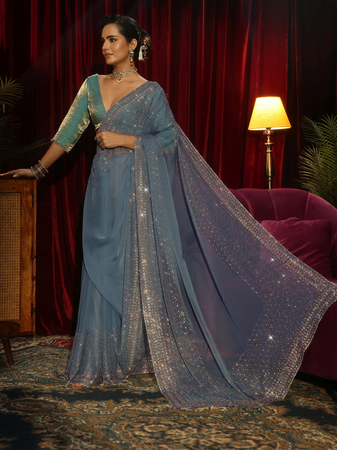 Libas Art Blue Embellished Tissue Saree