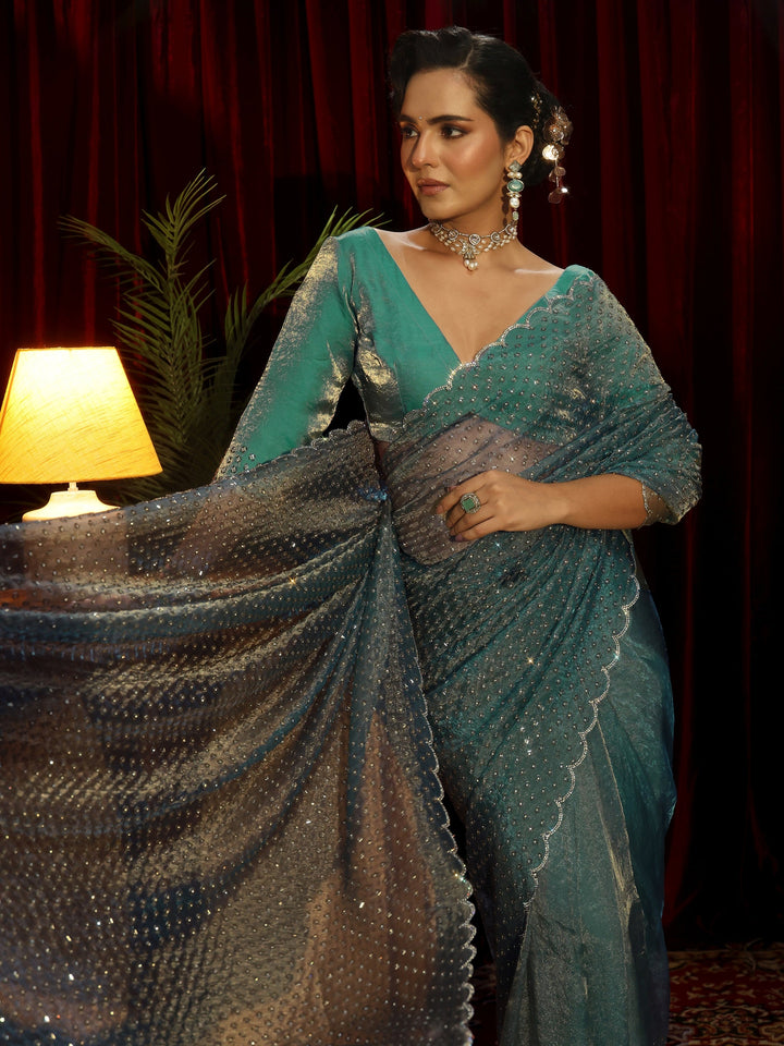Libas Art Blue Embellished Tissue Saree