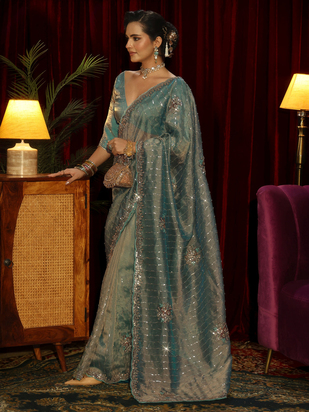 Libas Art Blue Embellished Tissue Saree