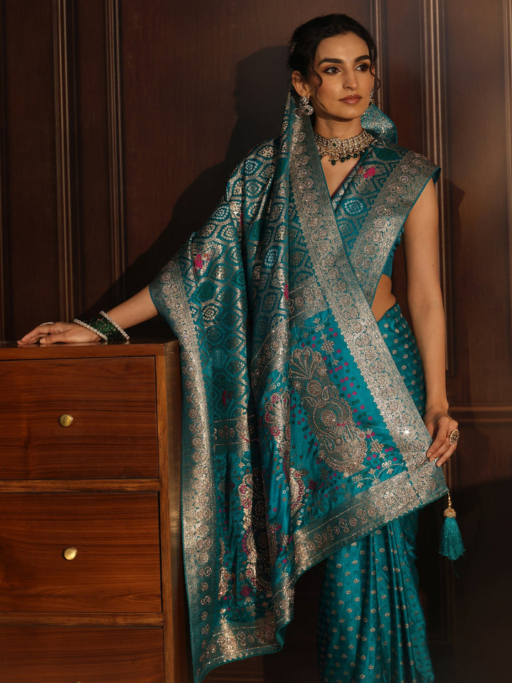 Libas Art Blue Embellished Woven Design Silk Blend Saree