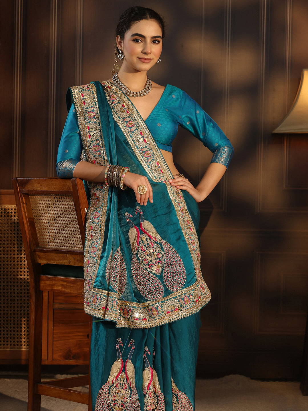 Libas Art Blue Embroidered Tissue Saree with Embellished Border