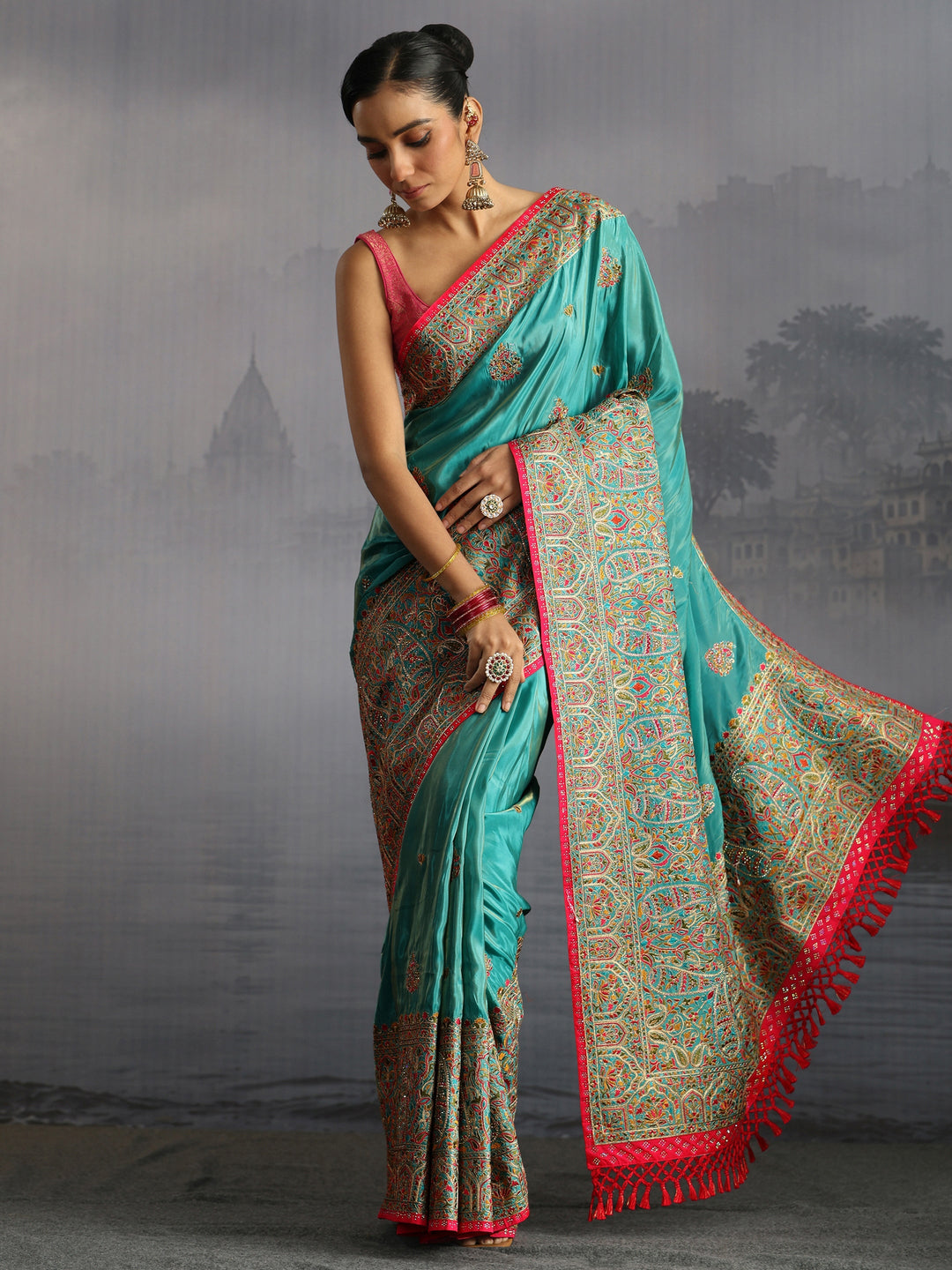 Libas Art Blue Ethnic Embroidered Satin Tassel Saree