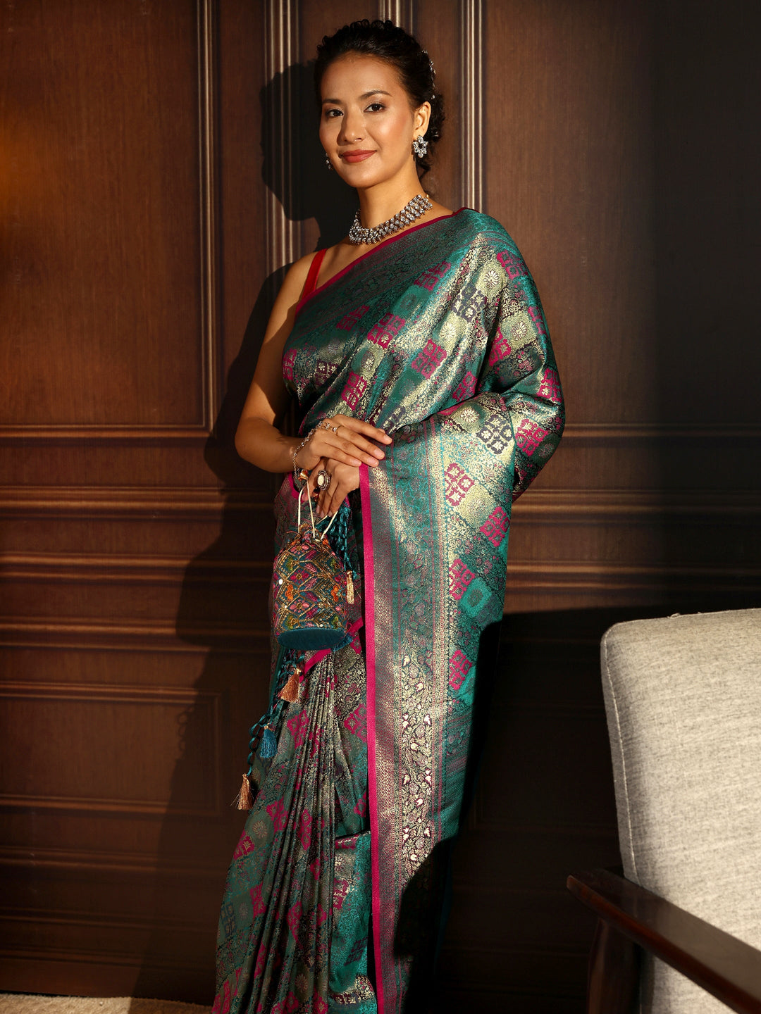 Libas Art Blue Ethnic Woven Design Silk Blend Tassel Saree