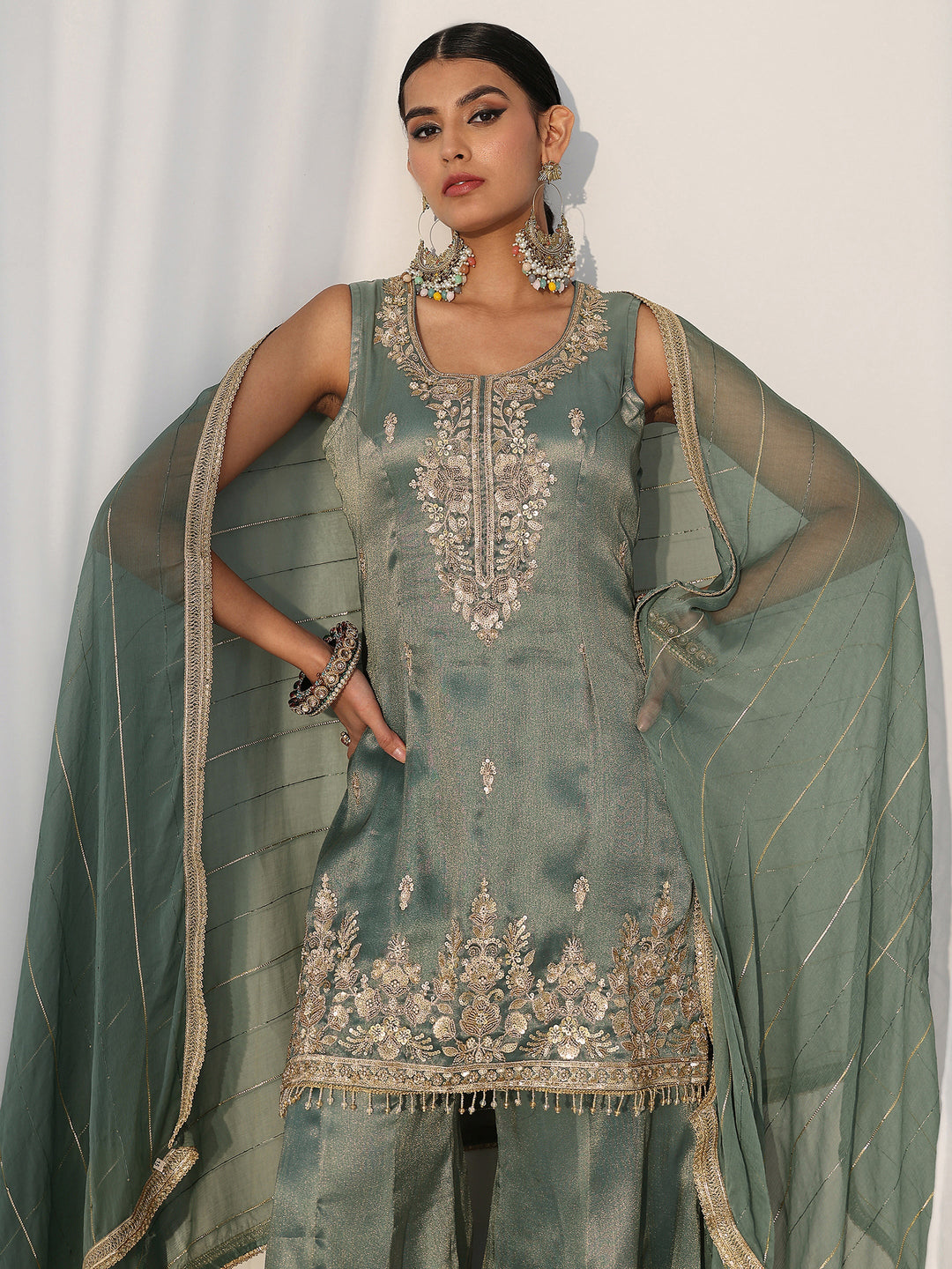 Libas Art Blue Floral Embellished Sleeveless Tissue Sharara Suit Set