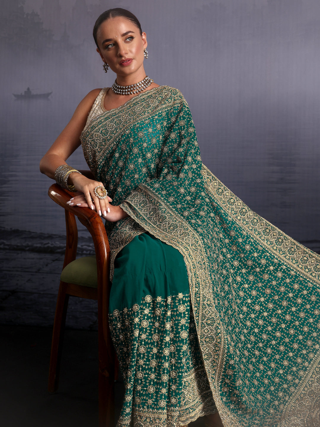 Libas Art Blue Floral Embroidered Georgette Saree with Stone Work