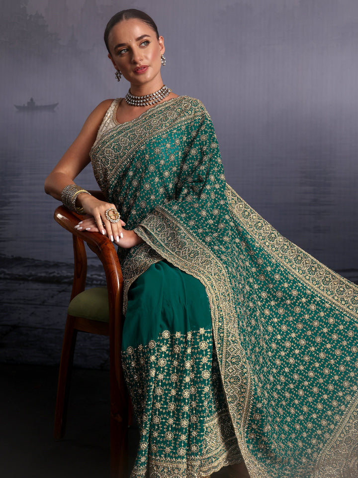 Libas Art Blue Floral Embroidered Georgette Saree with Stone Work