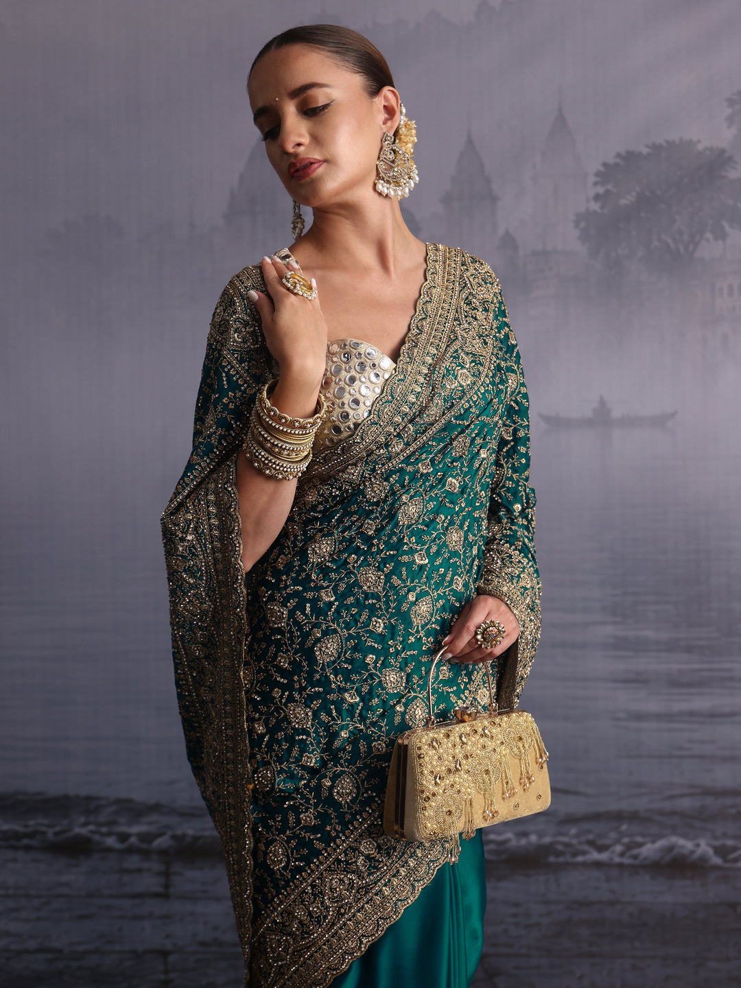 Libas Art Blue Floral Embroidered Satin Saree with Stone Work
