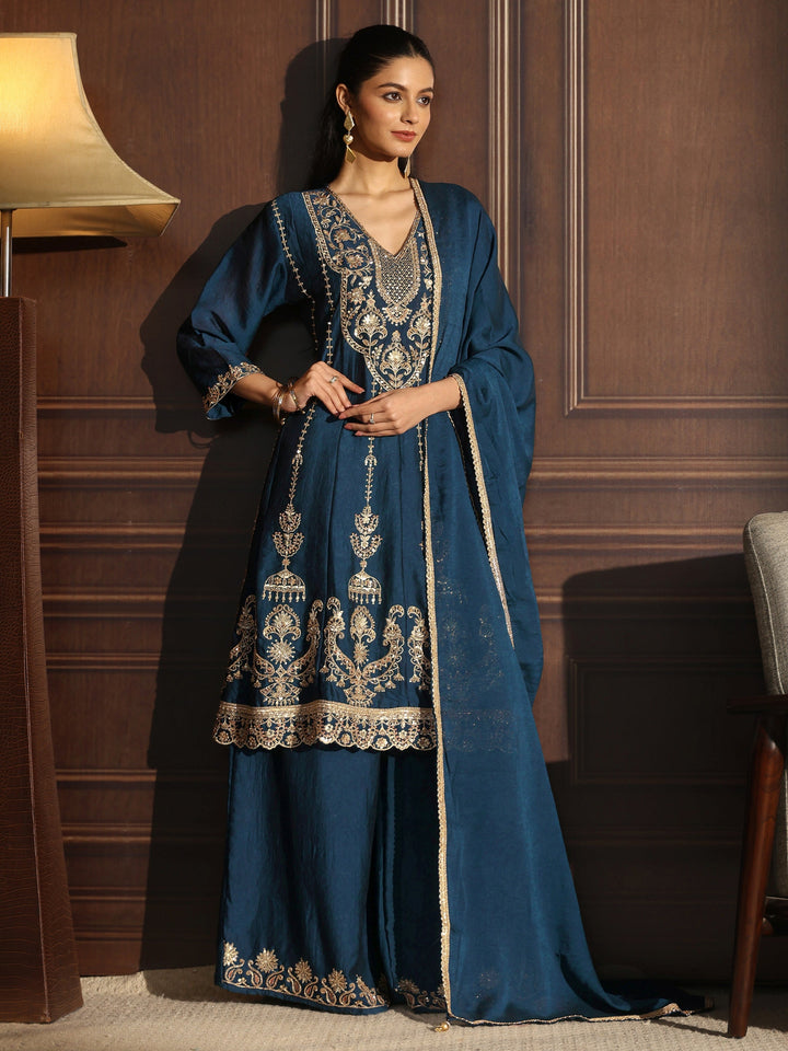 Libas Art Blue Floral Embroidered Silk Blend Palazzo Suit Set