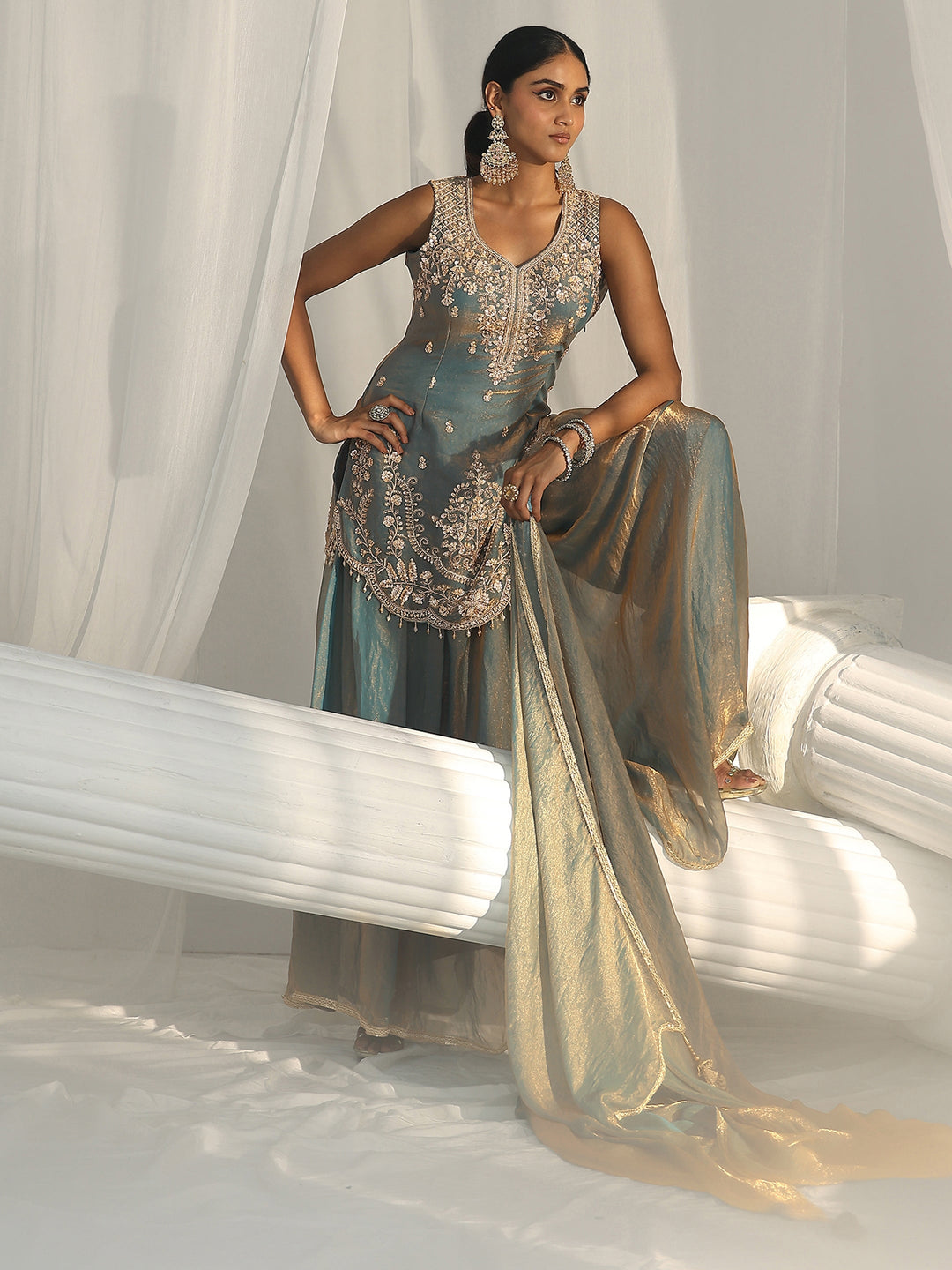 Libas Art Blue Floral Embroidered Sleeveless Silk Blend Palazzo Suit Set