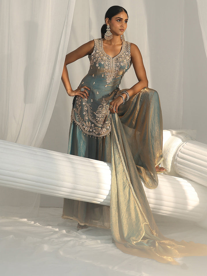 Libas Art Blue Floral Embroidered Sleeveless Silk Blend Palazzo Suit Set