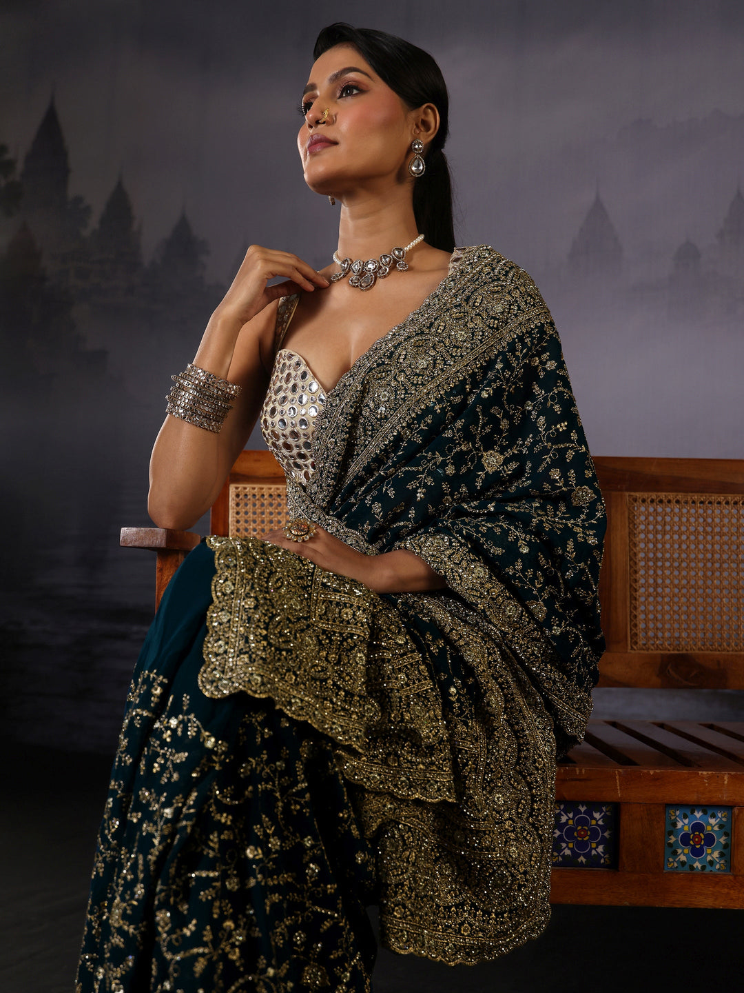 Libas Art Blue Floral Embroidered Stone Work Georgette Saree