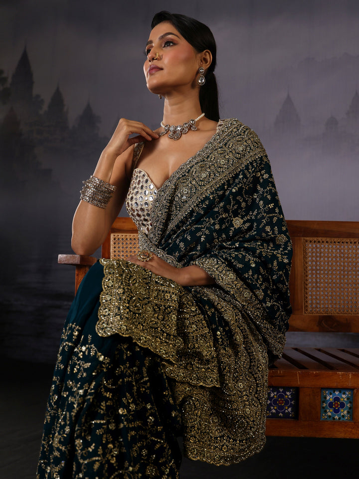 Libas Art Blue Floral Embroidered Stone Work Georgette Saree