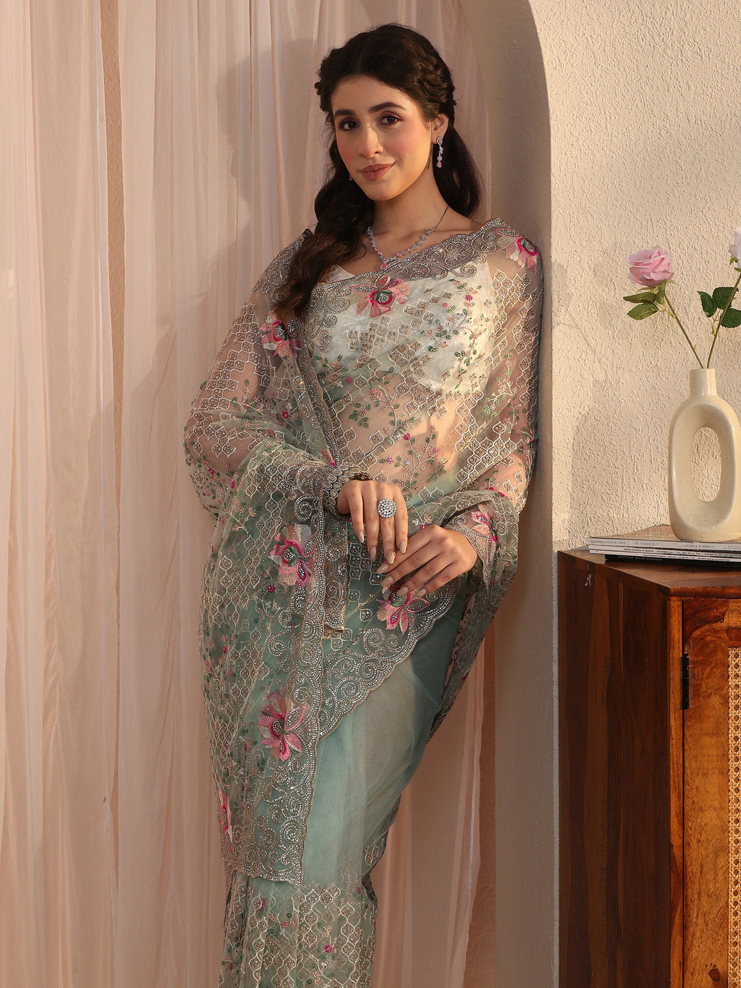 Libas Art Blue Floral Embroidered Stone Work Net Saree