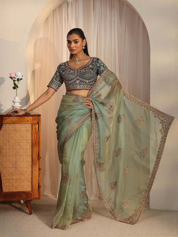 Libas Art Blue Floral Embroidered Tissue Saree
