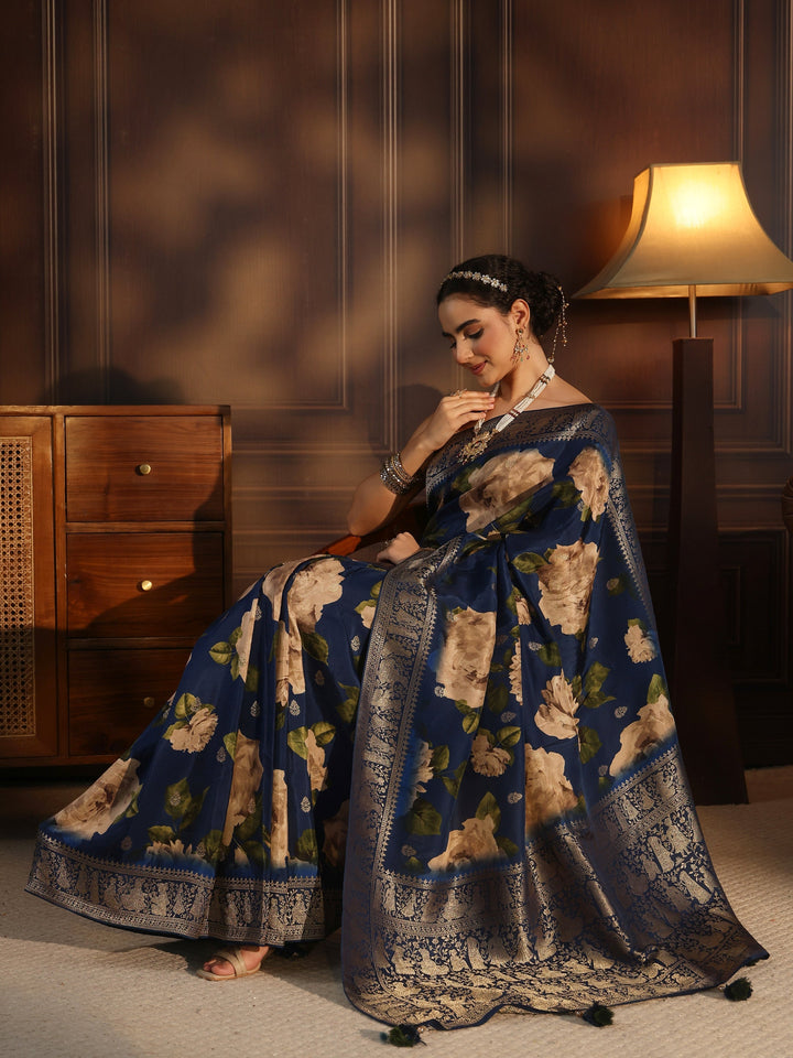 Libas Art Blue Floral Printed Silk Blend Saree with Woven Border