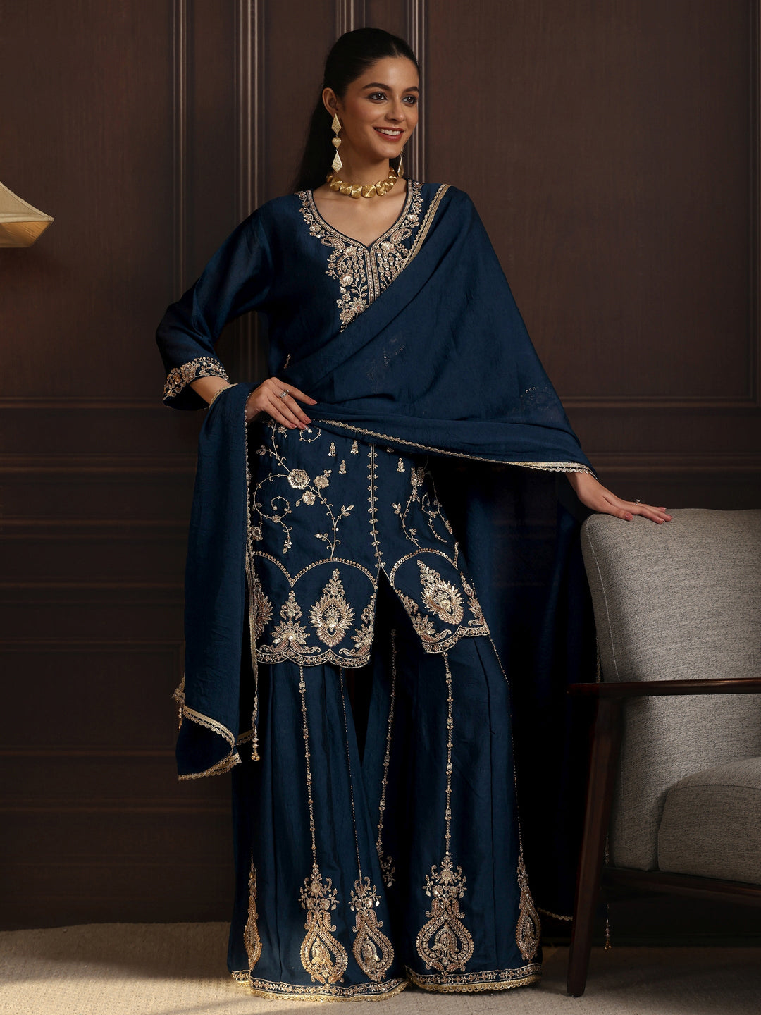 Libas Art Blue Floral Sequin Embellished Silk Blend Sharara Suit Set