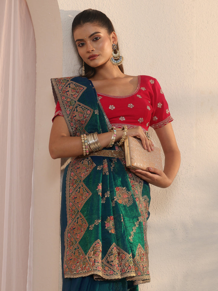 Libas Art Blue Peacock Embroidered Tissue Saree