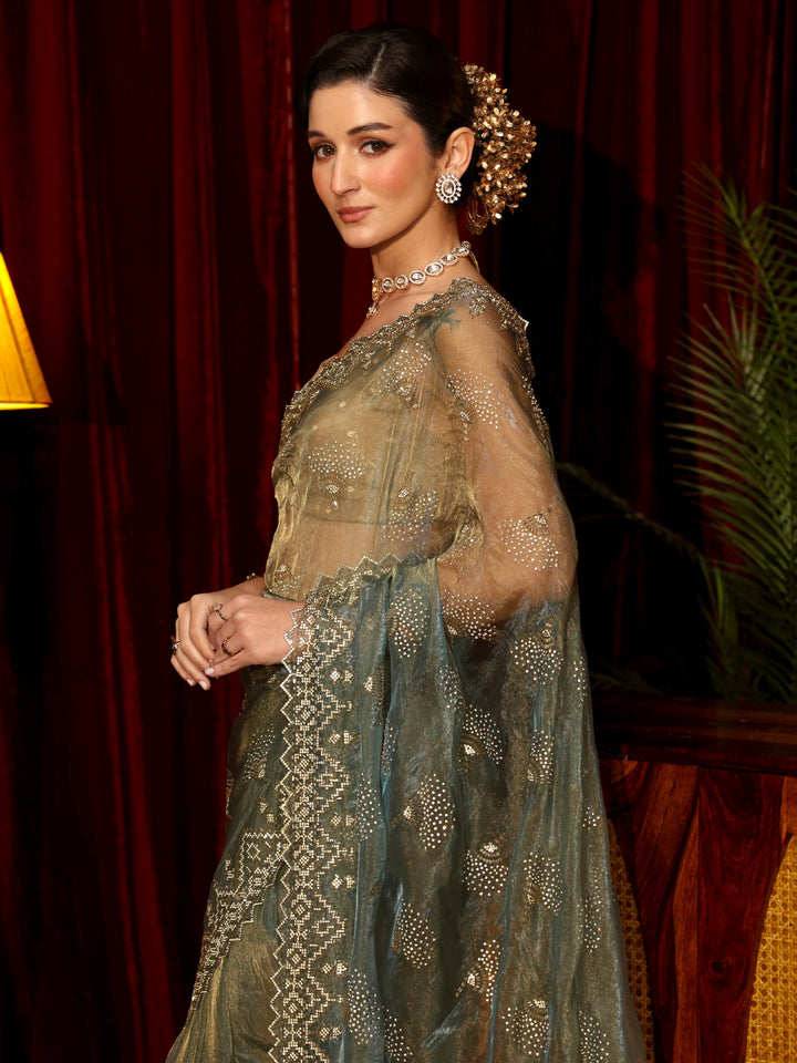 Libas Art Blue Stone Work Embellished Tissue Saree
