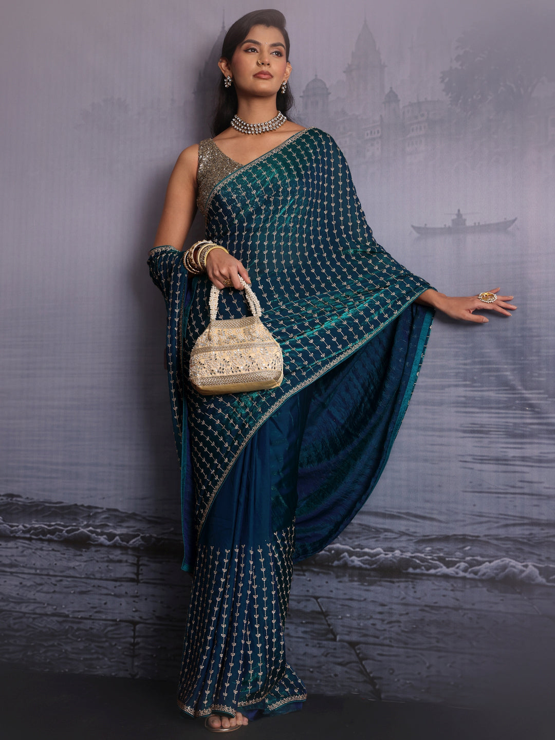 Libas Art Blue Stone Work Embellished Tissue Saree