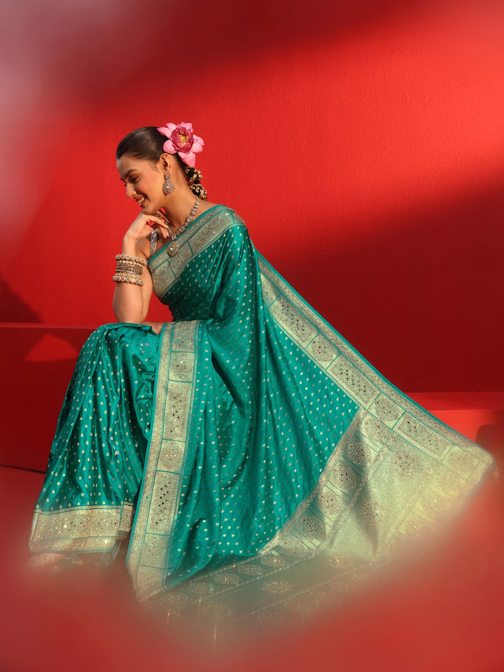 Libas Art Blue Woven Design Satin Saree with Embellished Border