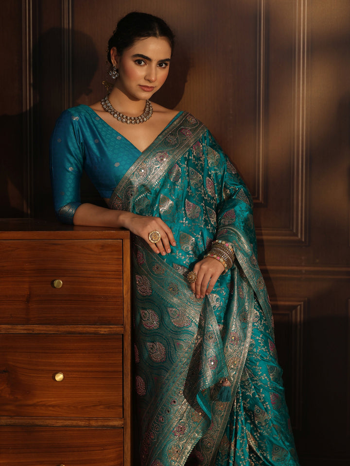 Libas Art Blue Woven Design Satin Saree with Stone Work