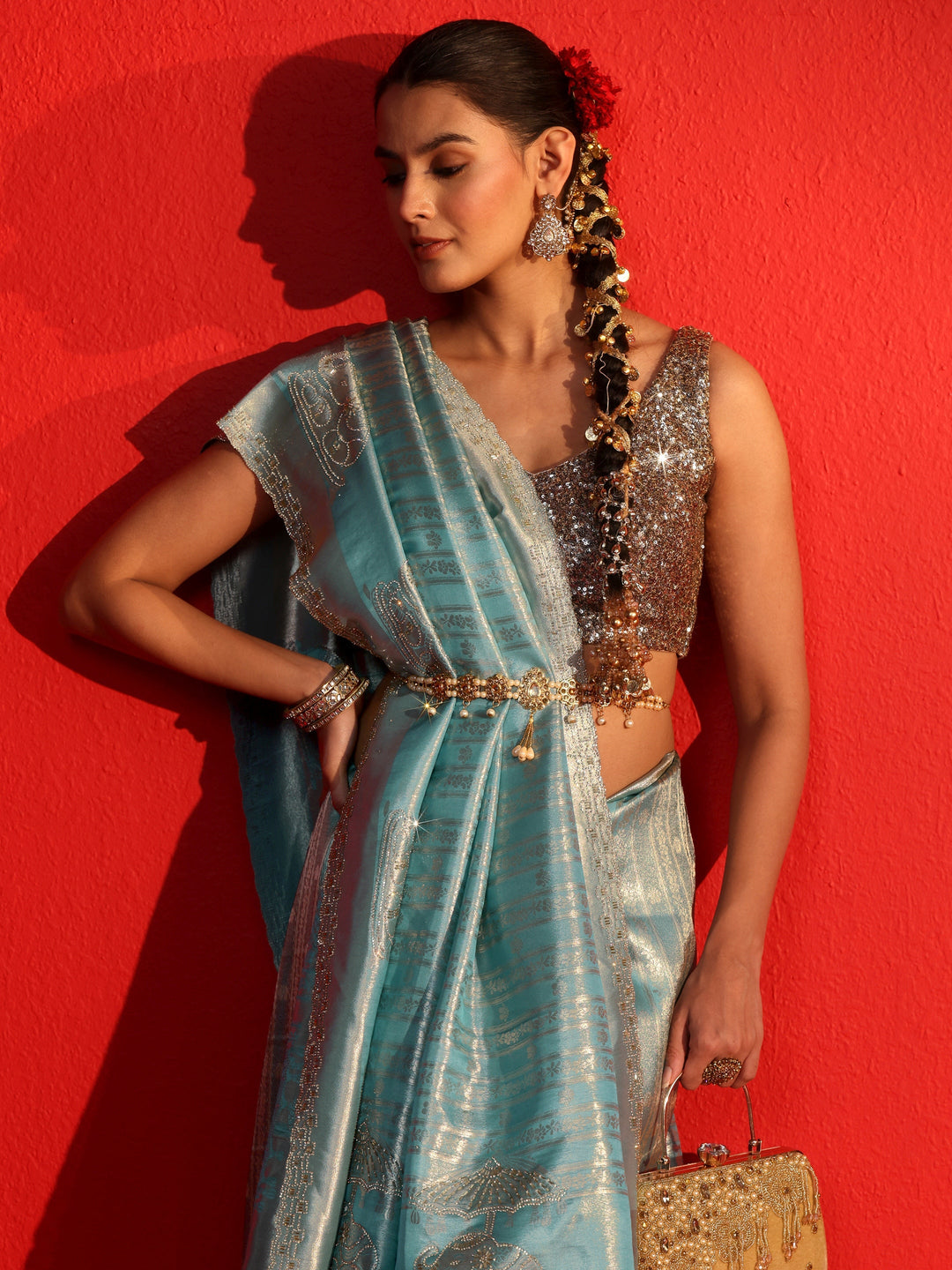 Libas Art Blue Woven Design Silk Blend Saree with Embellished Border