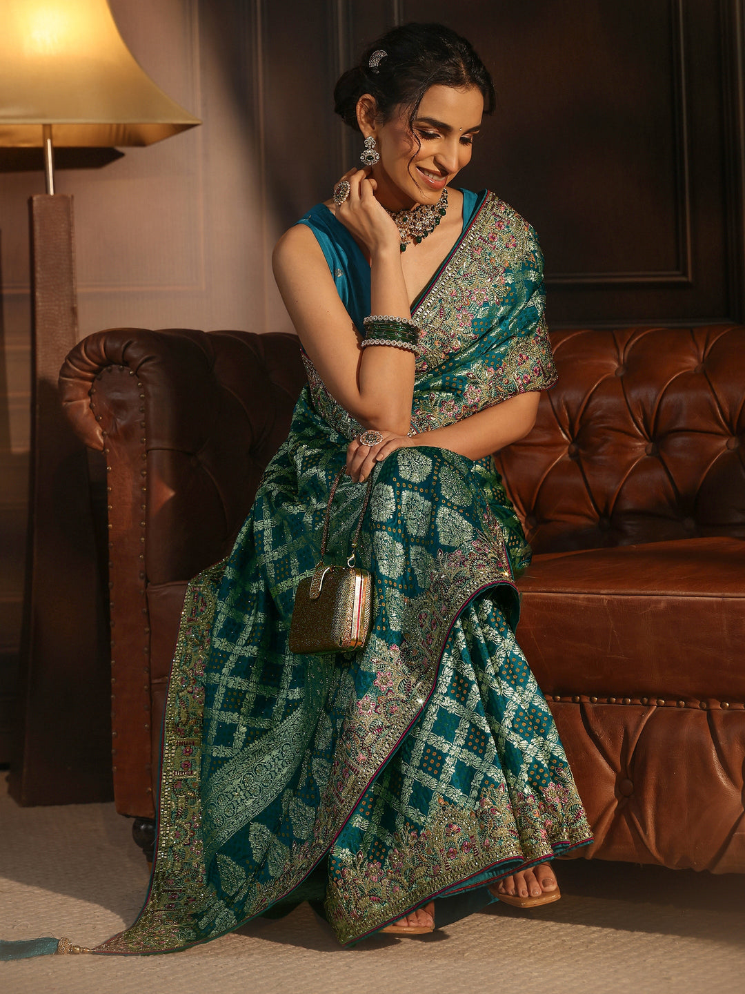 Libas Art Blue Woven Design Silk Blend Saree with Embroidered Border