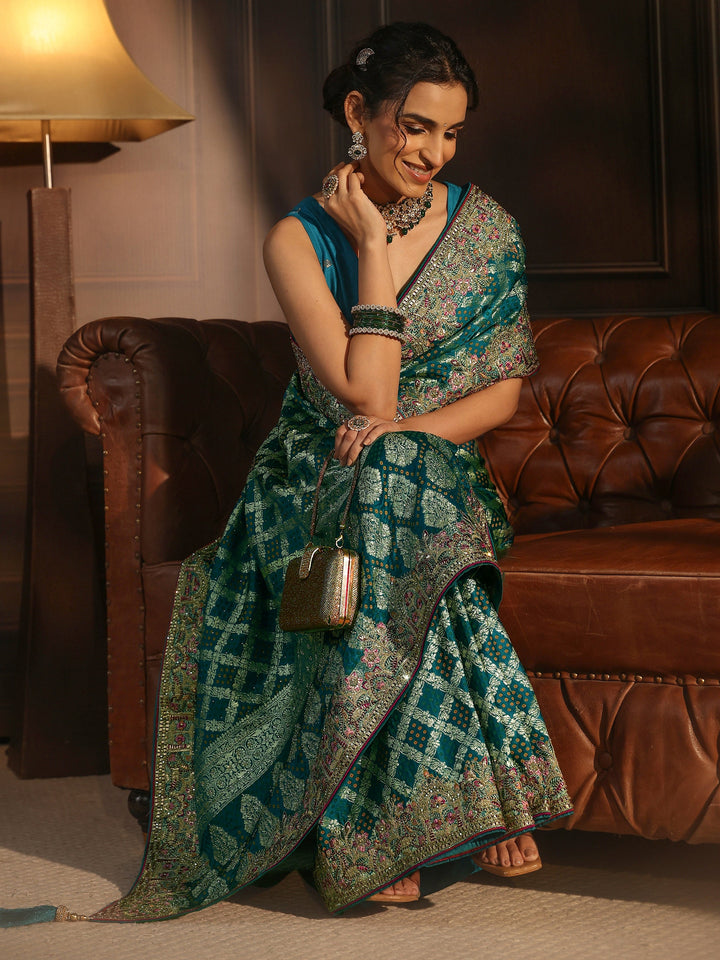 Libas Art Blue Woven Design Silk Blend Saree with Embroidered Border