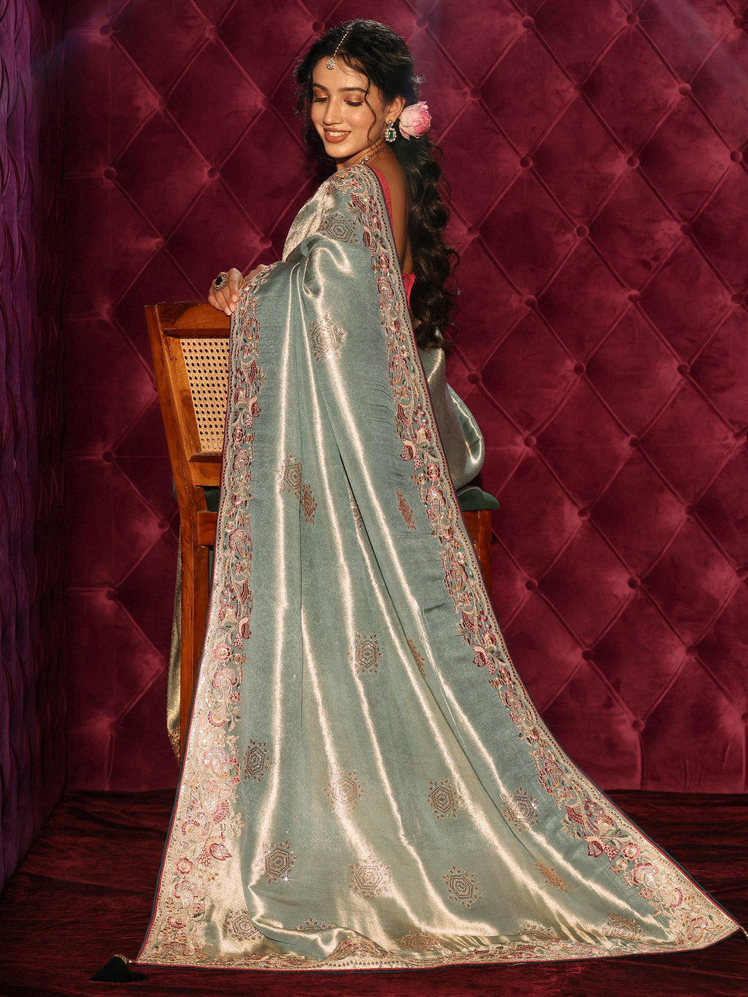 Libas Art Blue Woven Design Silk Blend Saree with Embroidered Border