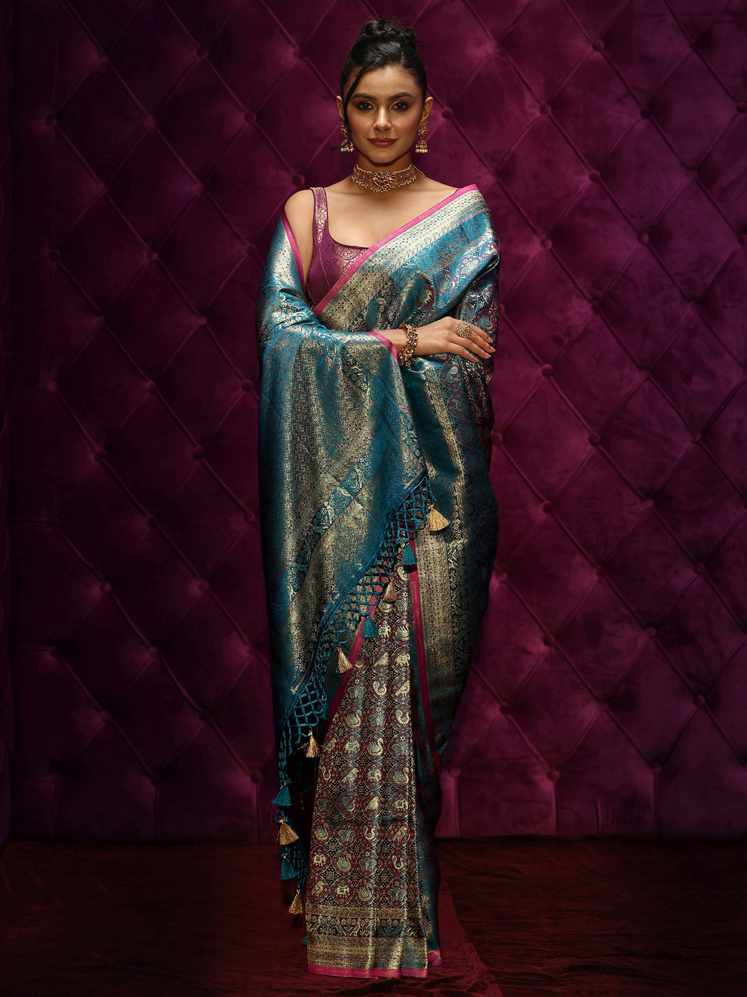 Libas Art Blue Woven Design Silk Blend Tassel Saree