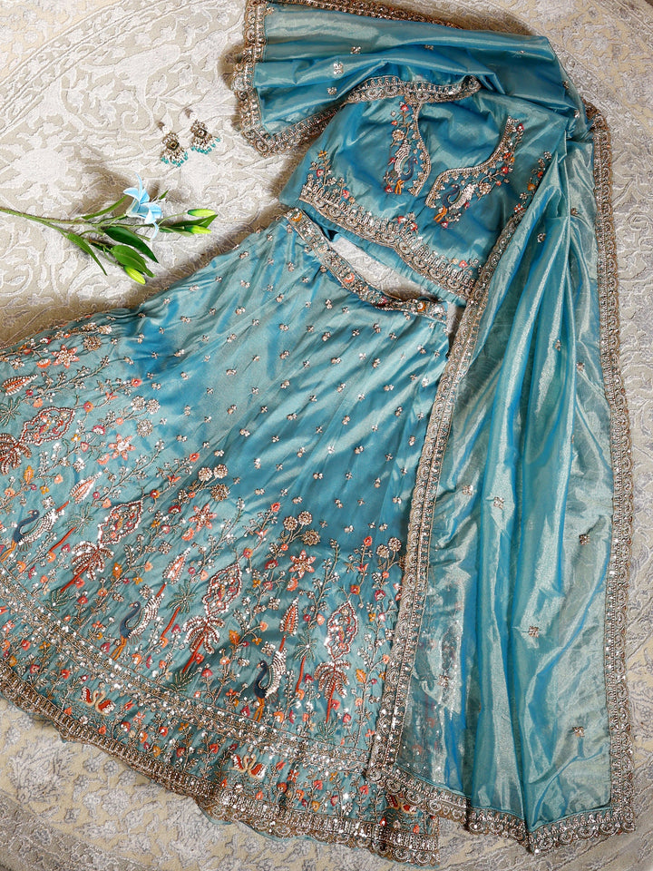 Libas Art Blue Zari Embellished Tissue Unstitched Lehenga Set