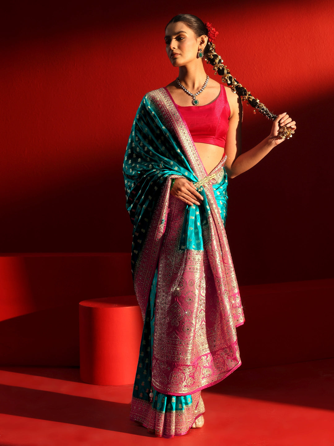 Libas Art Blue and Red Woven Design Stone Work Satin Saree