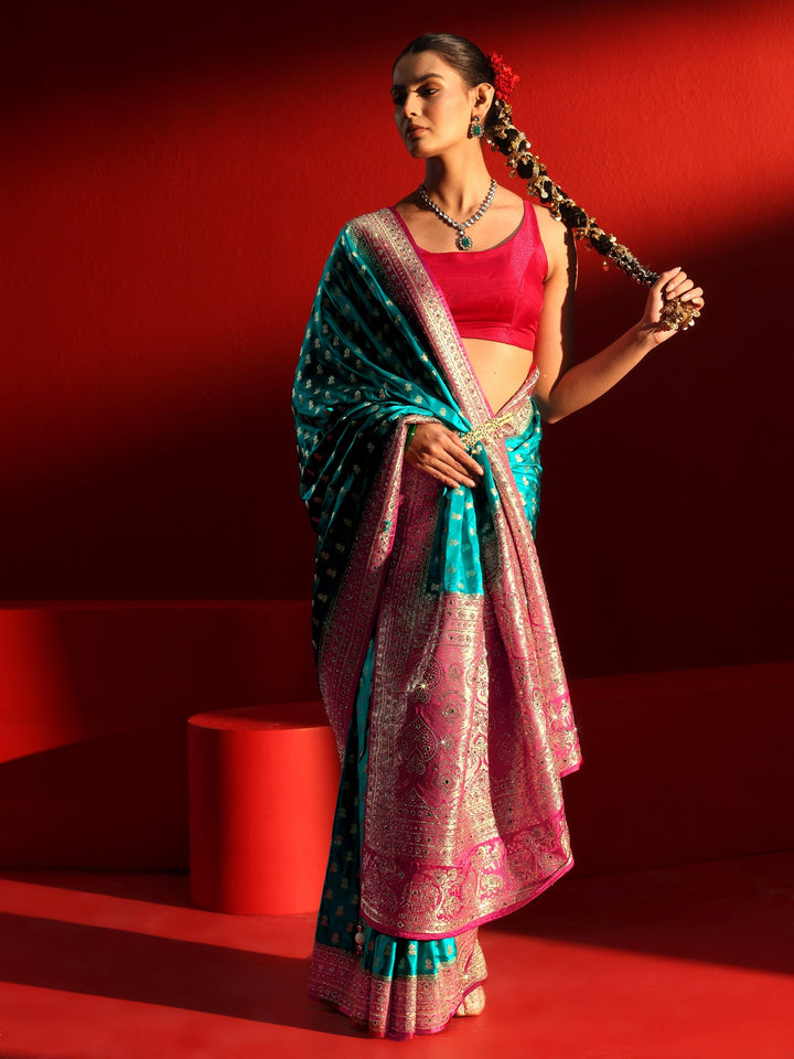 Libas Art Blue and Red Woven Design Stone Work Satin Saree