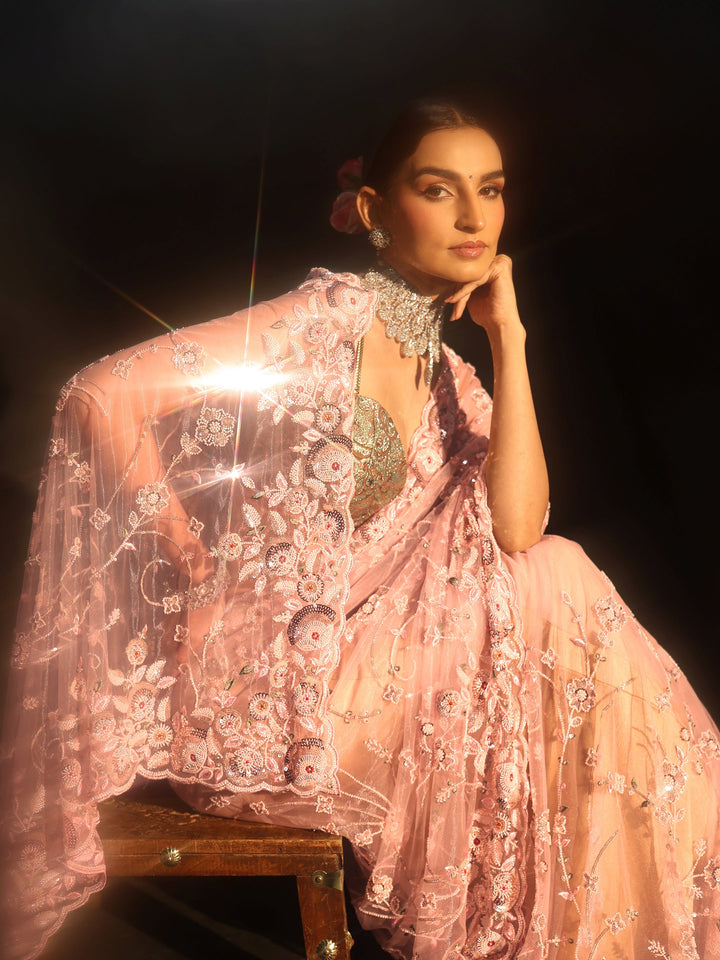 Libas Art Blush Pink Bead and Sequin Embellished Floral Net Saree