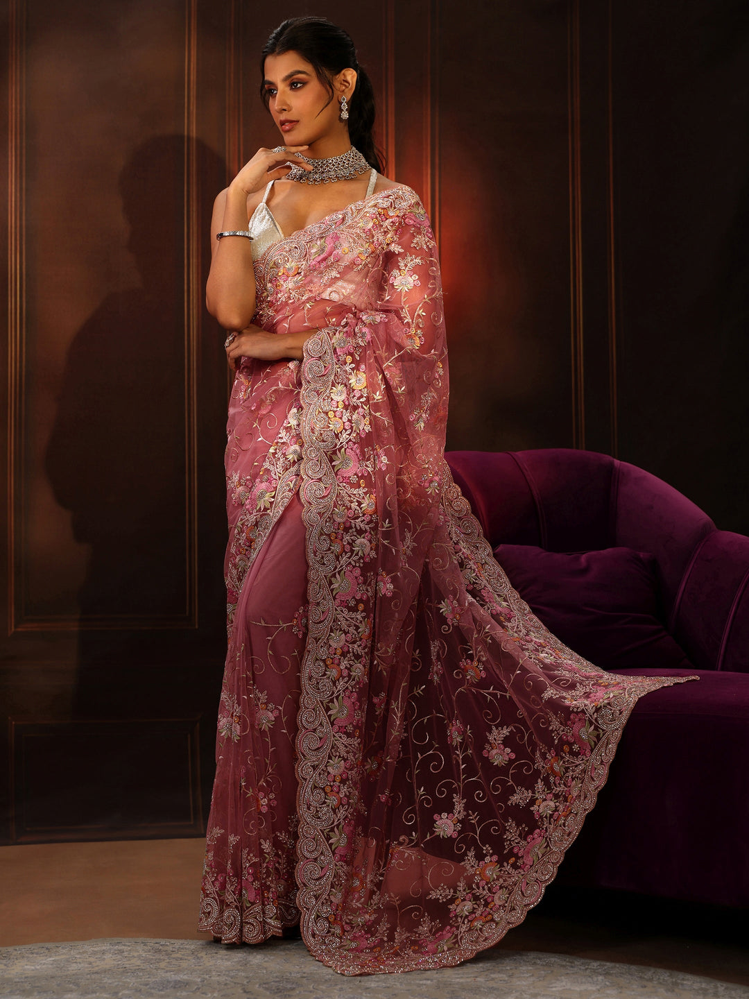 Libas Art Blush Pink Floral Embroidered Net Saree