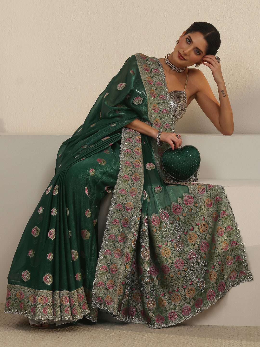 Libas Art Bottle Green Embellished Chiffon Saree