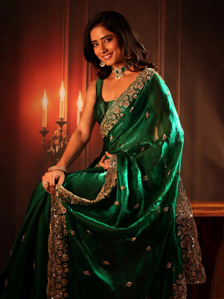 Libas Art Bottle Green Embellished Tissue Saree