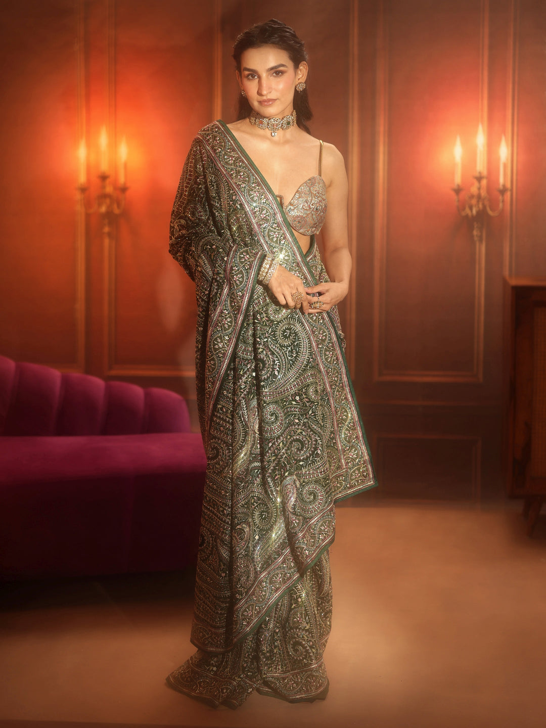 Libas Art Bottle Green Embroidered Georgette Saree