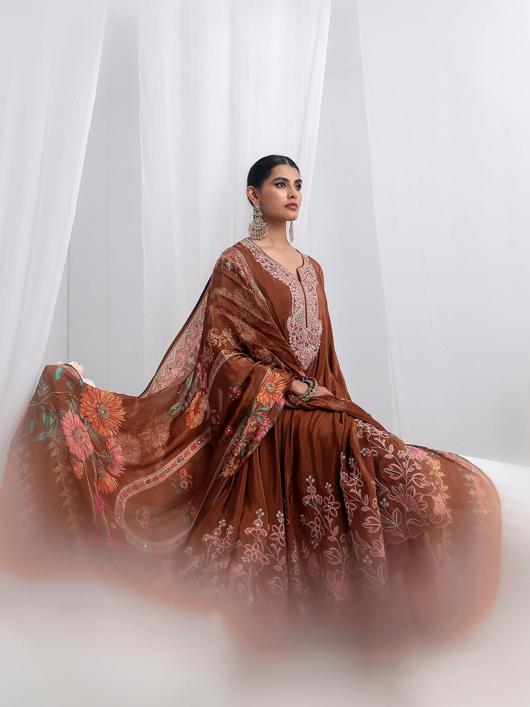 Libas Art Brown Floral Embellished Crepe Anarkali Suit Set