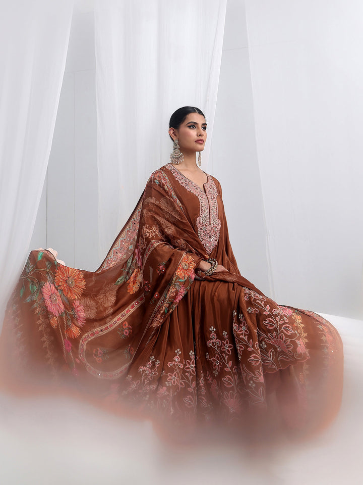 Libas Art Brown Floral Embellished Crepe Anarkali Suit Set