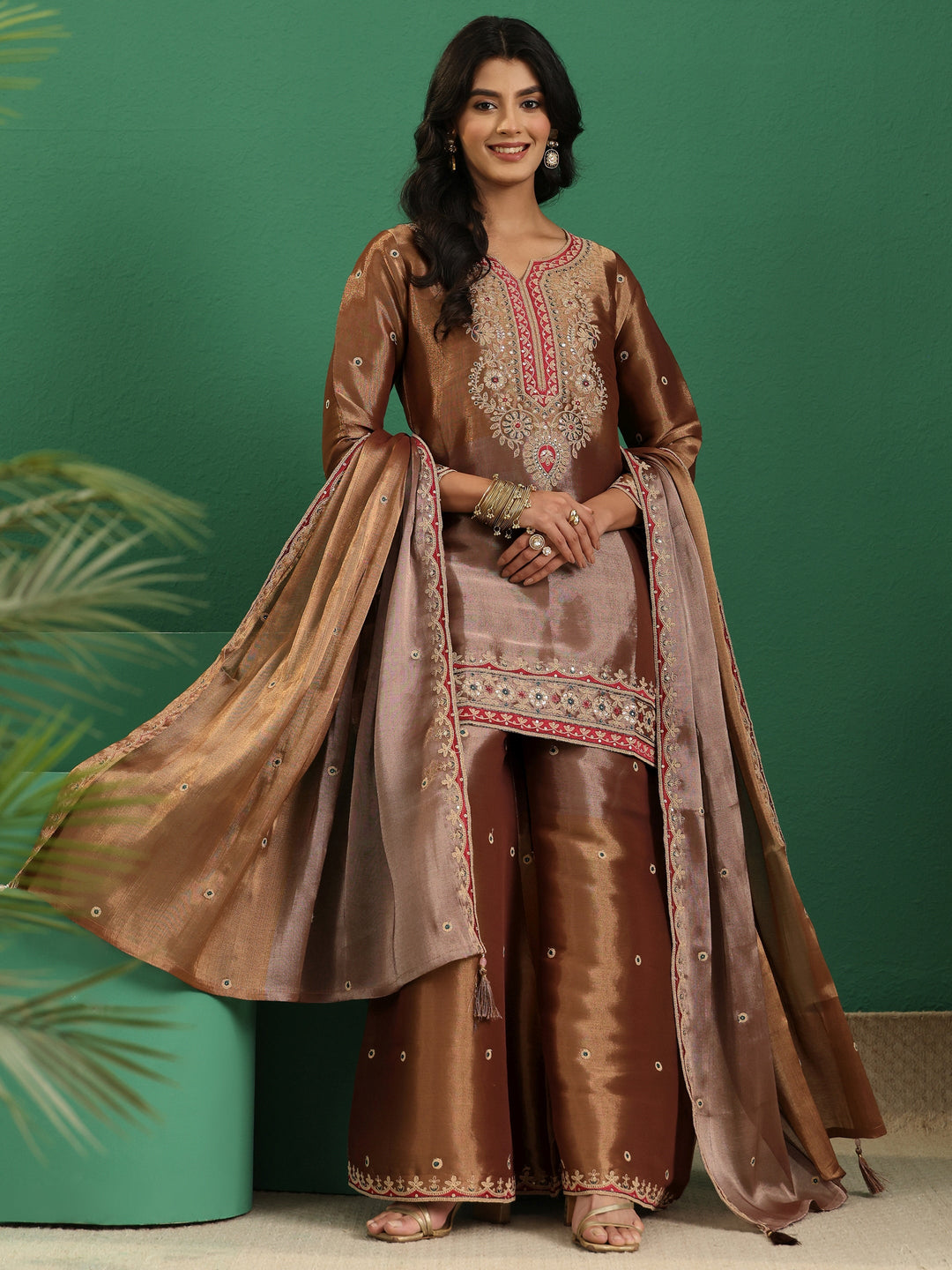 Libas Art Brown Floral Embellished Silk Blend Palazzo Suit Set