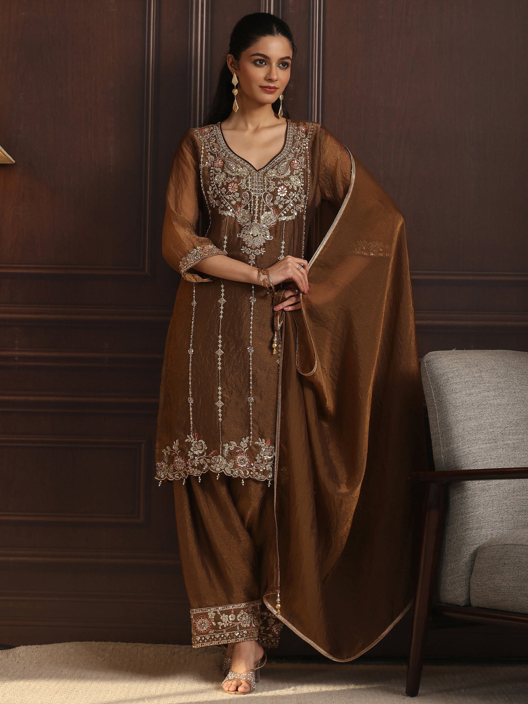 Libas Art Brown Floral Embellished Tissue Farshi Salwar Suit
