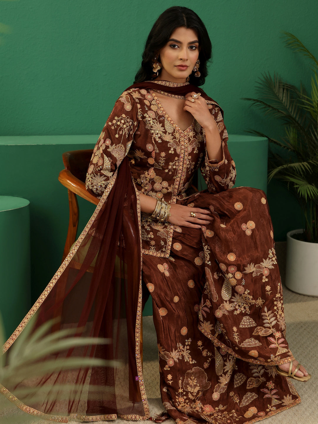 Libas Art Brown Floral Embroidered Silk Blend Sharara Suit Set