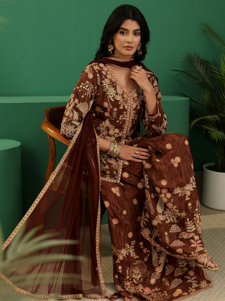 Libas Art Brown Floral Embroidered Silk Blend Sharara Suit Set