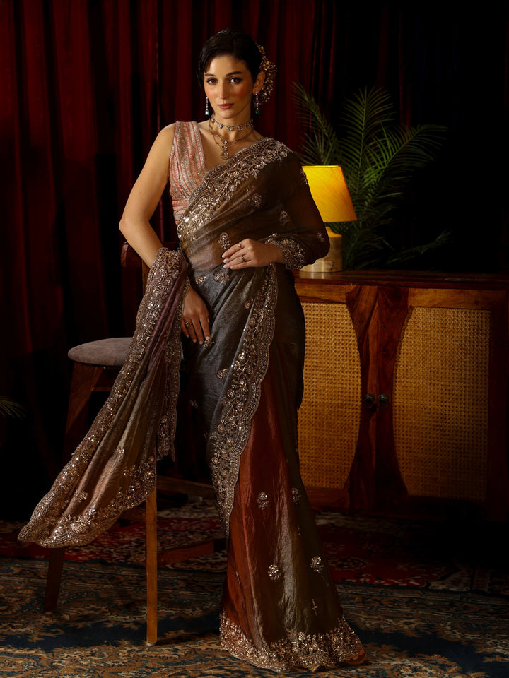 Libas Art Brown Floral Sequin Embellished Tissue Saree