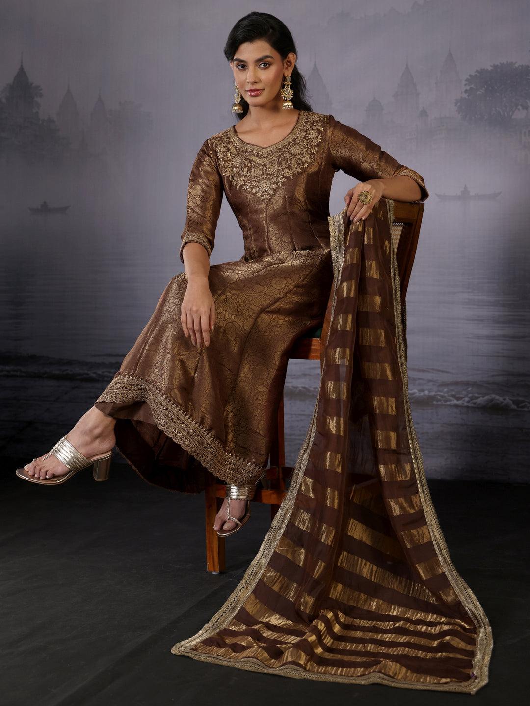 Libas Art Brown Floral Woven Design Silk Blend A-Line Suit Set