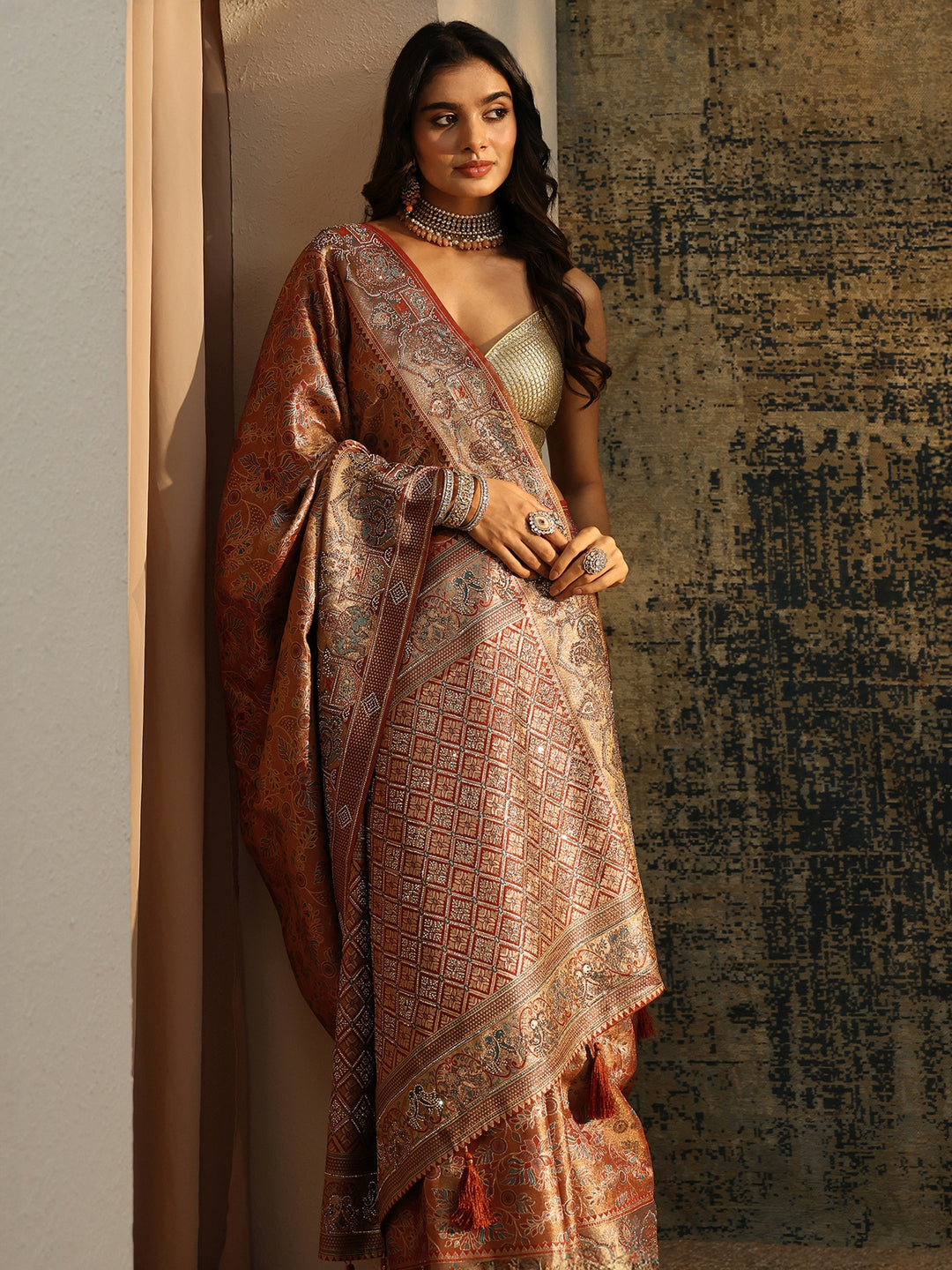 Libas Art Brown Jamawar Woven Silk Blend Saree