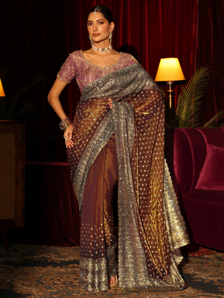 Libas Art Brown Stone Work Embellished Tissue Saree
